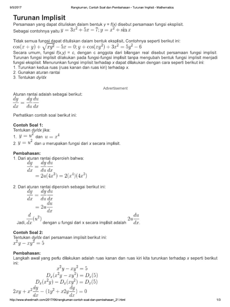Contoh Soal Turunan Implisit Beserta Jawabannya