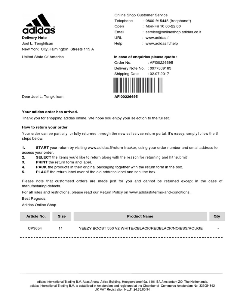 adidas delivery tracking