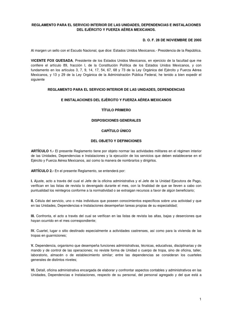 Reglamento para El Servicio Interior de Las Unidades, Dependencias e Instalaciones PDF