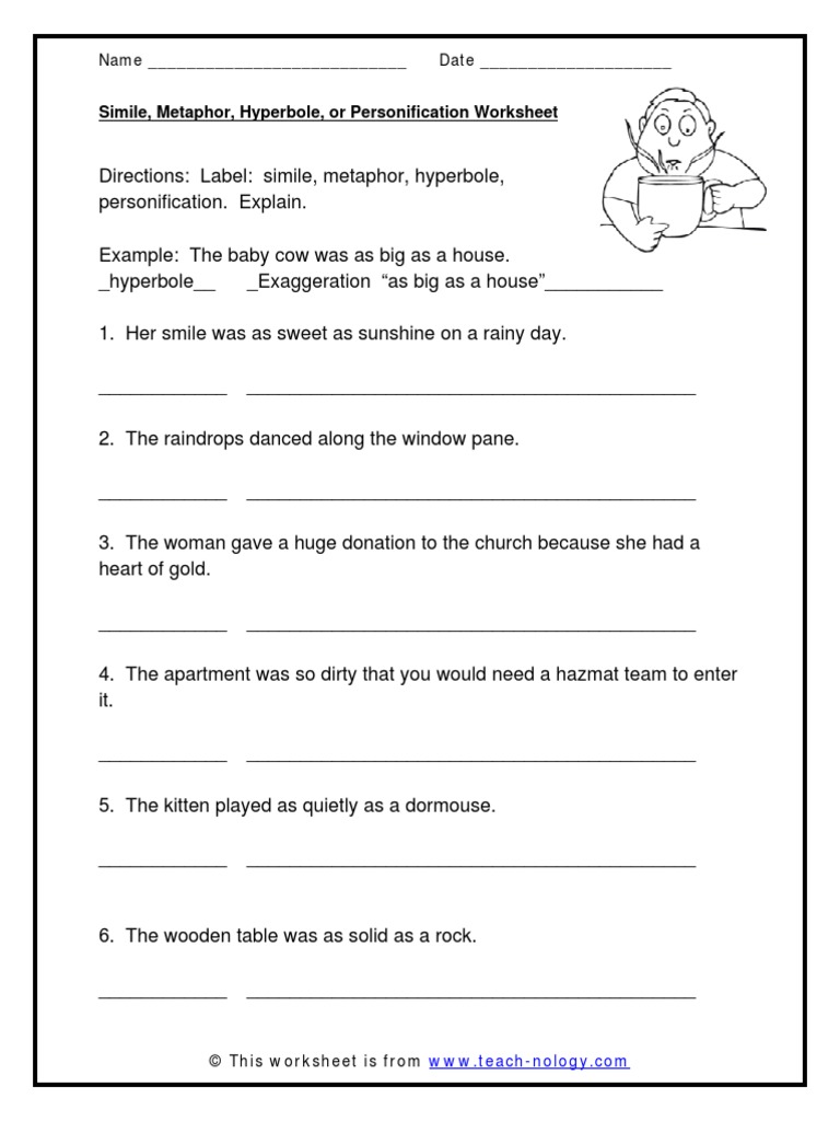 Simile Metaphor Hyperbole Or Personification Worksheet