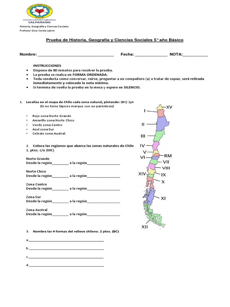 Prueba de Historia y Geografía 5° Básico | PDF | Chile | Andes