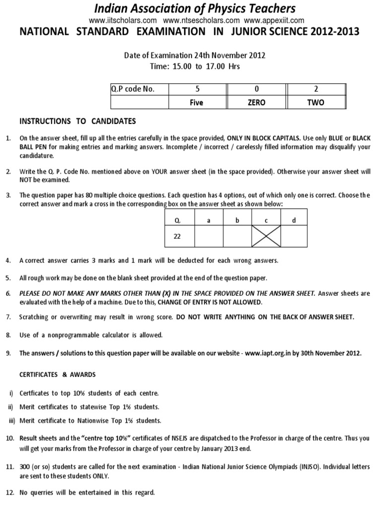 NSEJS 2012-2013 Exam Instructions and Format | PDF | Physical Sciences ...