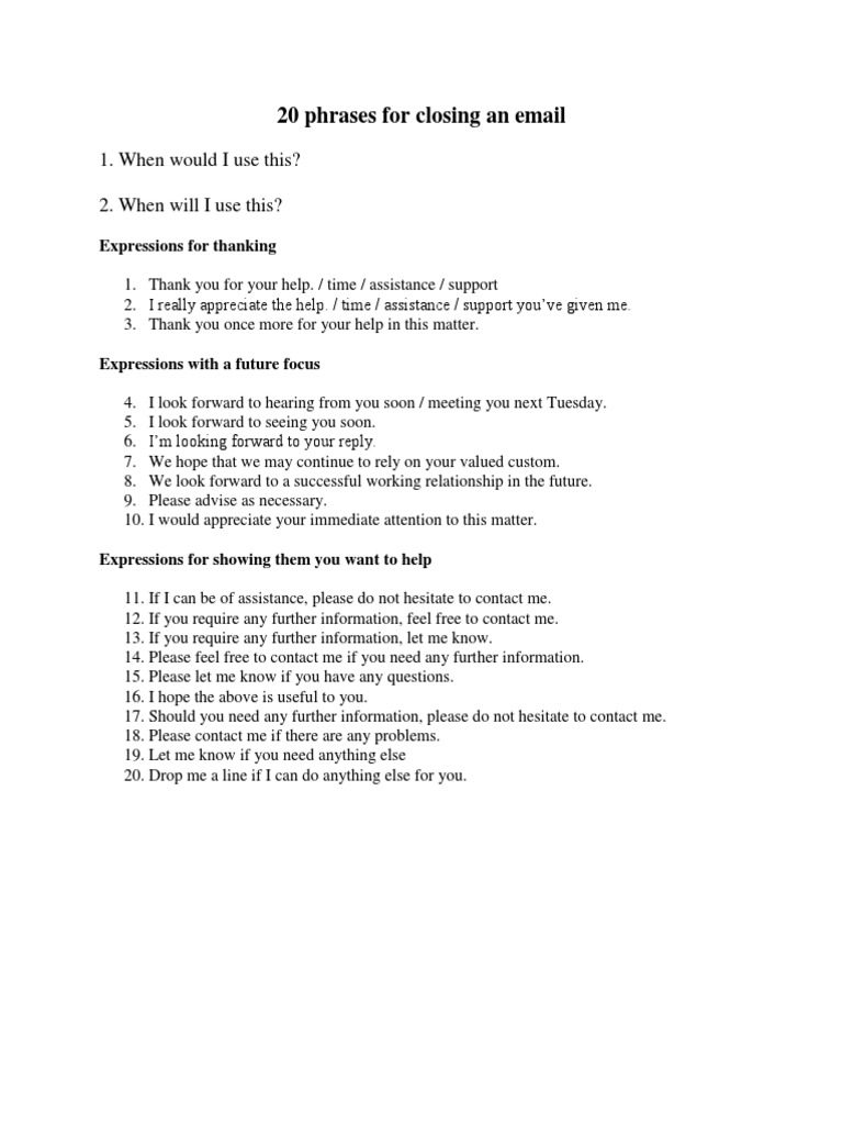 20 Phrases For Closing An Email | PDF