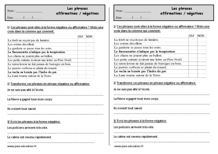 Exercice Phrase Affirmative Et Négative Ce1 Pdf Phrase Affirmative Et Phrase Négative Ce1 Exercices à Imprimer | La nature