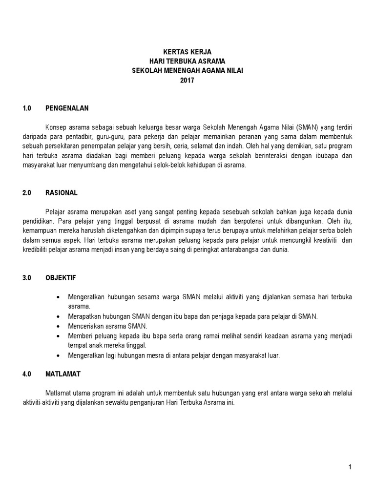 Kertas Kerja Hariterbuka Asrama Pdf
