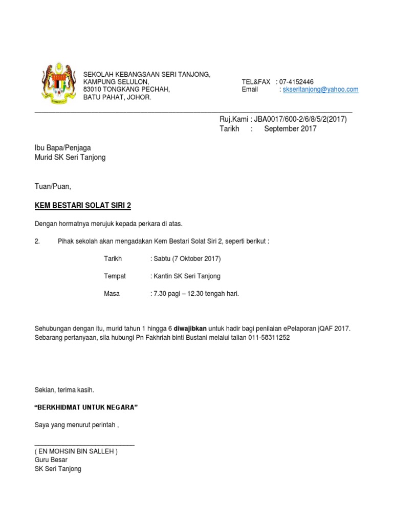 Contoh Surat Kebenaran Ibu Bapa Kem Bestari Solat