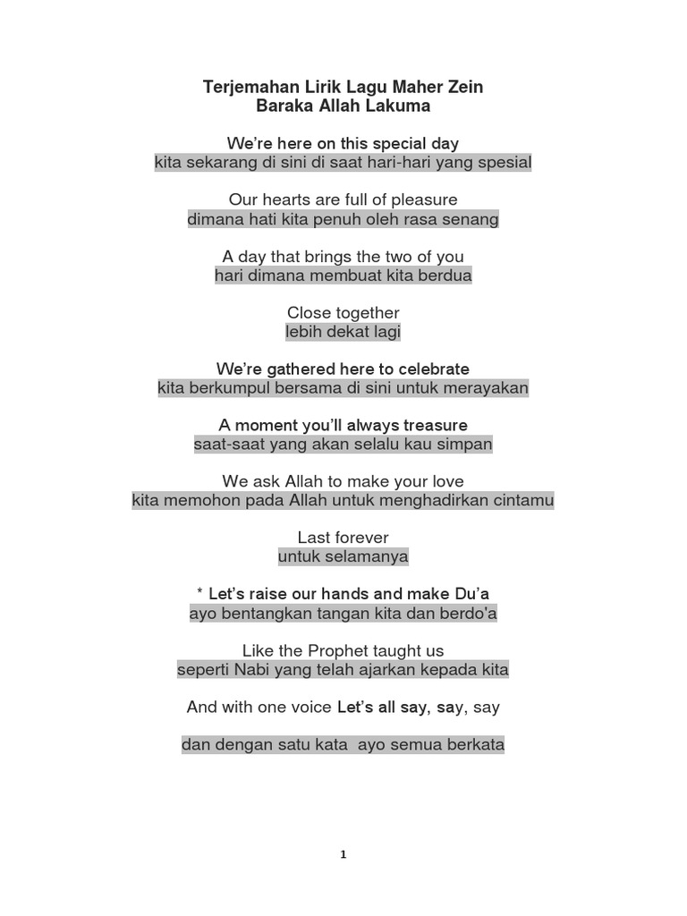 Terjemahan Lirik Lagu Maher Zein Baraka Allah Lakuma