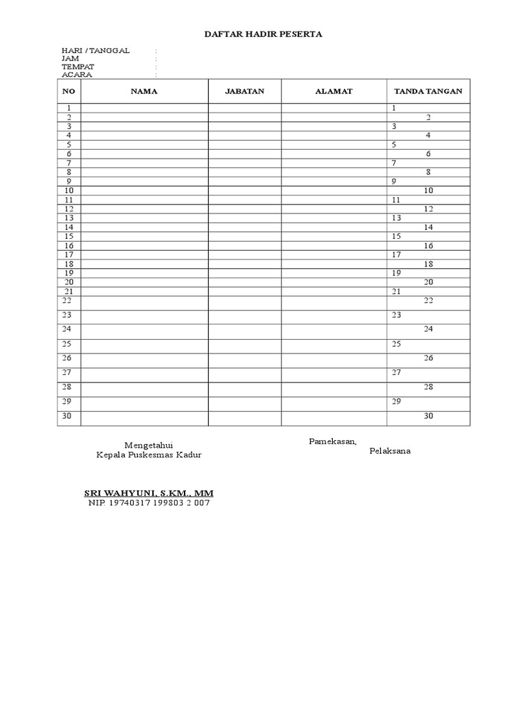 Contoh Daftar Hadir Peserta - IMAGESEE