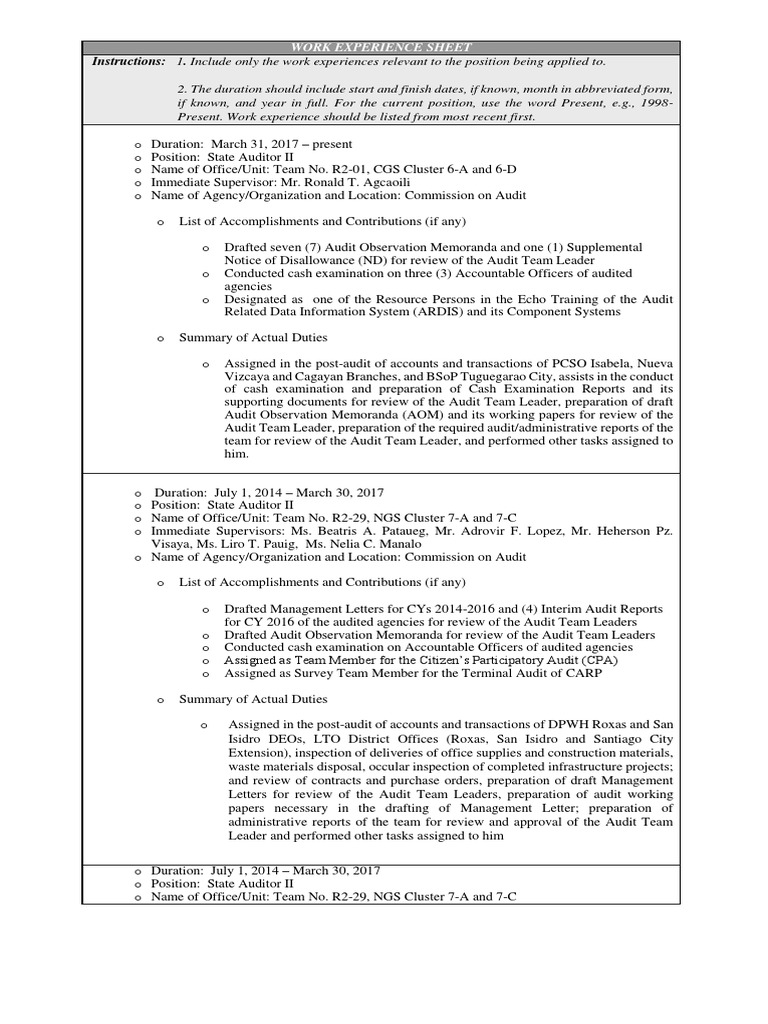 CS Form No. 212 Attachment - Work Experience Sheet | Audit | Accounting