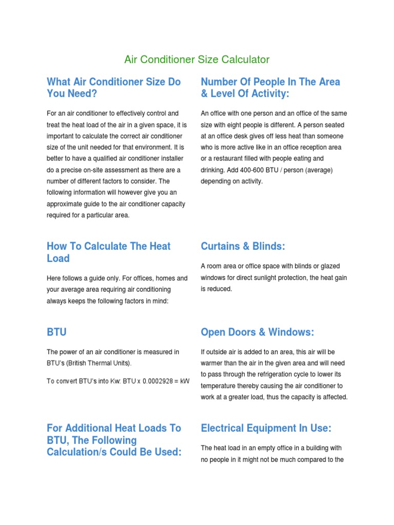 Air Conditioner Size Calculator PDF Air Conditioning Building