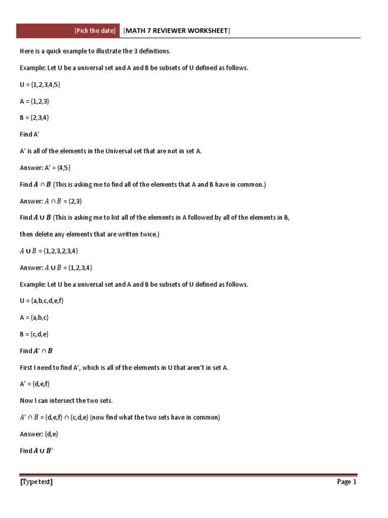 SETS Worksheet | Mathematical Logic | Mathematical Concepts