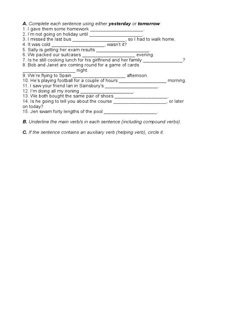 A. Complete Each Sentence Using Either Yesterday or Tomorrow PDF