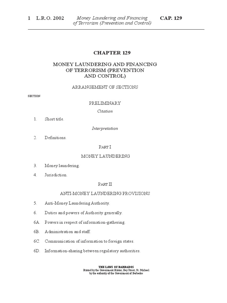 Laws of Barbados CAP129 Money Laundering Act Money Laundering Asset