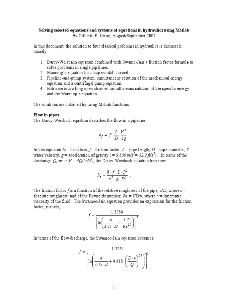 Hydraulics Equations Solutions Mat Lab Classical Mechanics Applied