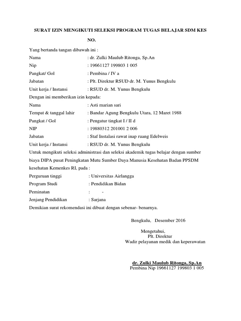 Surat Izin Mengikuti Seleksi Program Tugas Belajar Sdm Kes