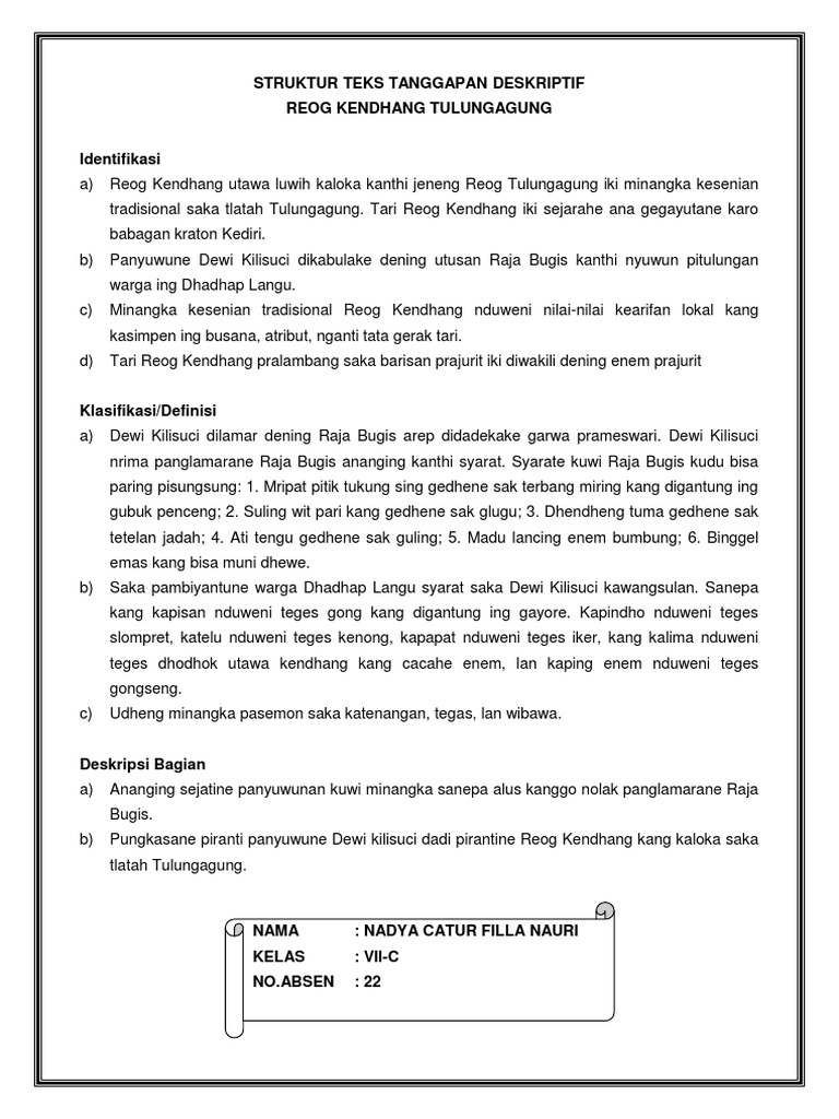 Tulislah Struktur Teks Tanggapan Deskriptif Bagian