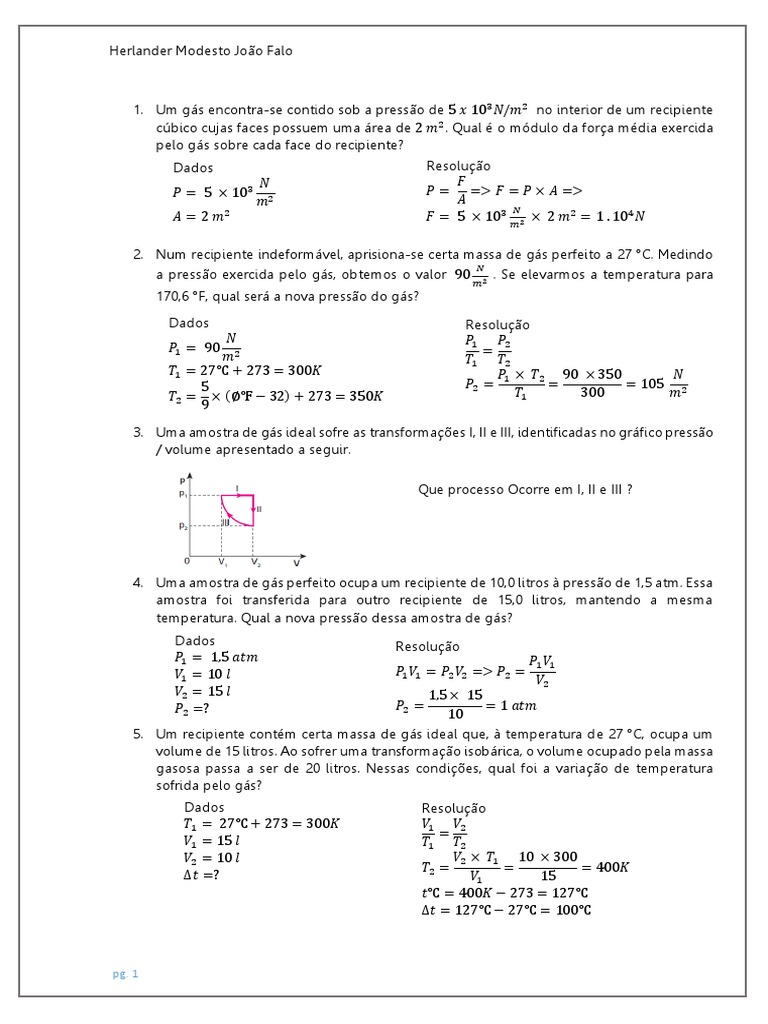Exercicios Gas Ideal | Mol (Unidade) | Gases