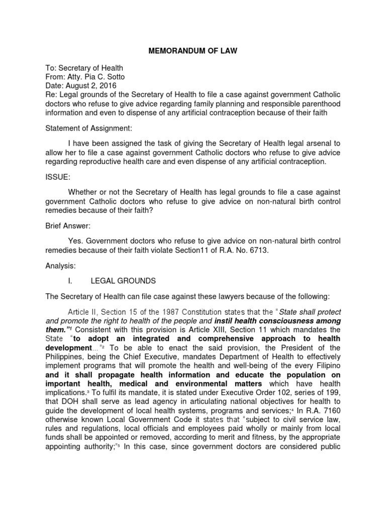 Rh Legal Memo | Conscientious Objector | Physician