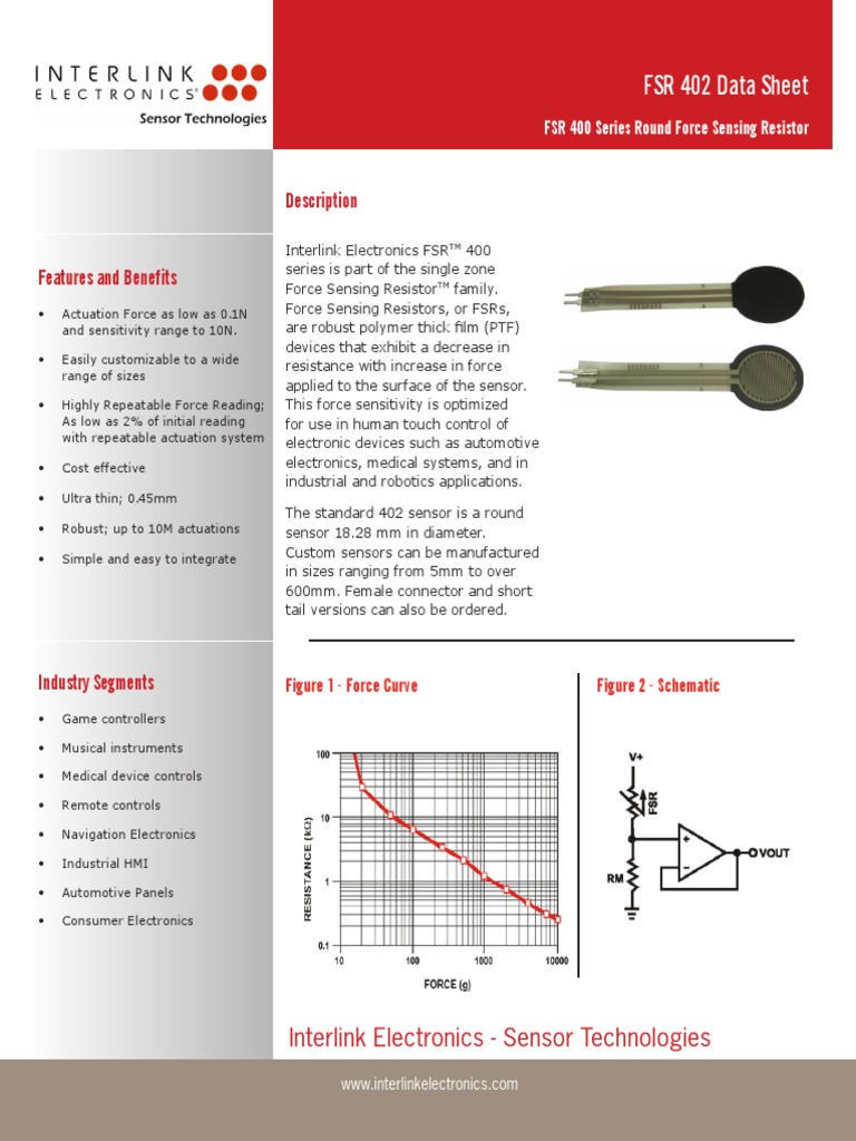 FSR 402 Force Sensor Datasheet | PDF | Sensor | Resistor