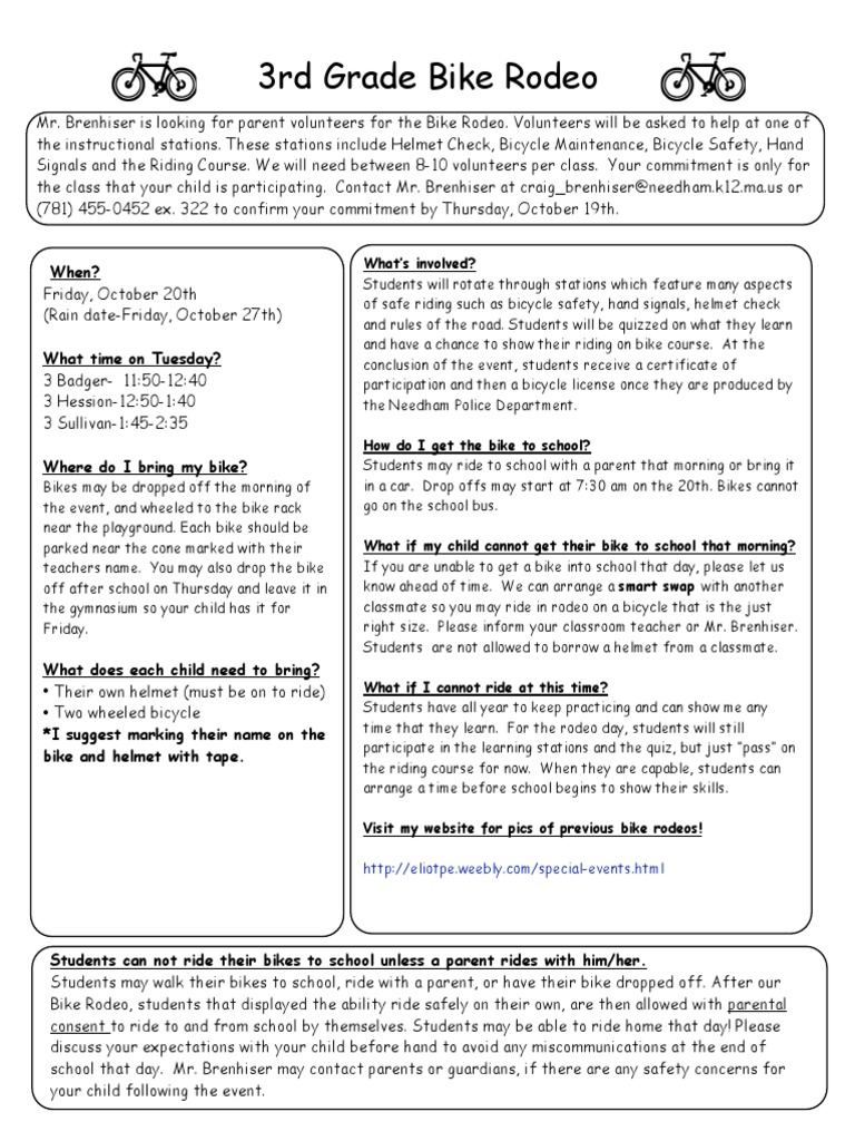 3rd Grade Bike Rodeo Volunteer Info | PDF | Traffic | Land Transport