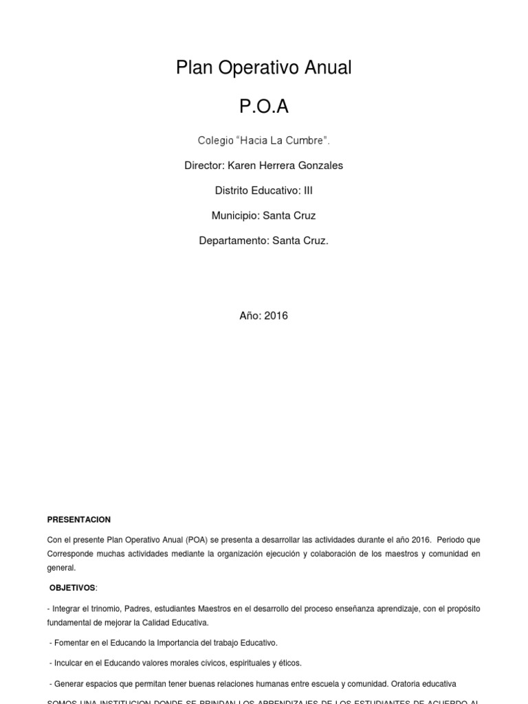 Plan Operativo Anual POA 2016 Colegio Particular | PDF | Educación ...