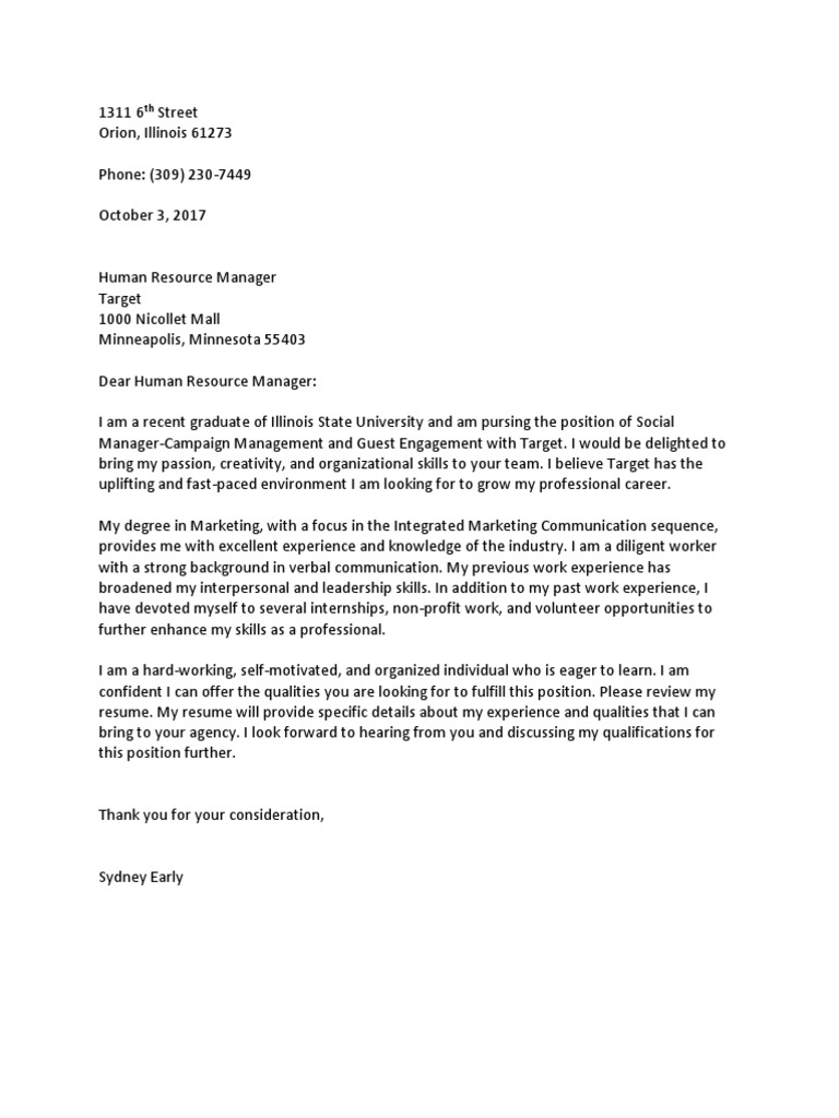 Target Cover Letter-Sydney Early | PDF | Behavior Modification | Psychology