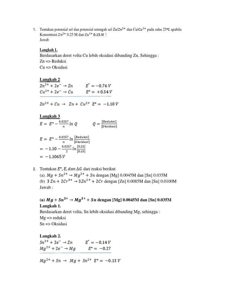 Persamaan Nernst Soal Dan Jawaban