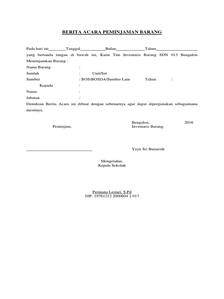 Format Berita Acara Peminjaman Barang Bos