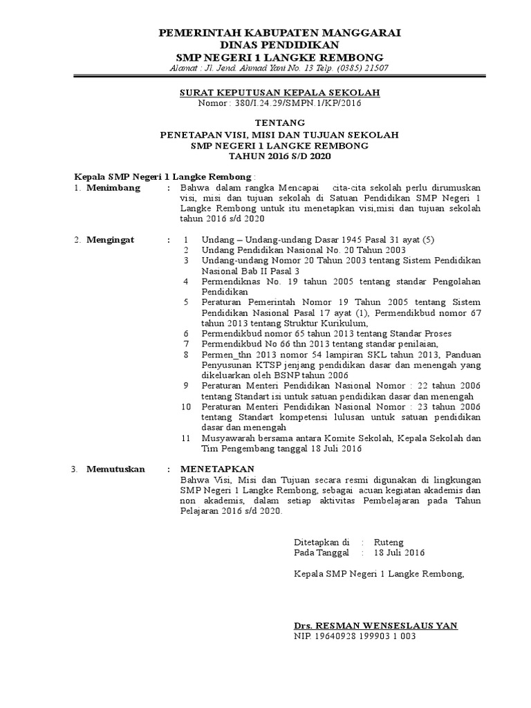 1 Contoh SK Penetapan Visi Misi dan Tujuan Sekolah Bentuk 
