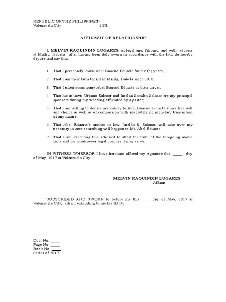 Affidavit of Relationship | Affidavit | Transplantation Medicine