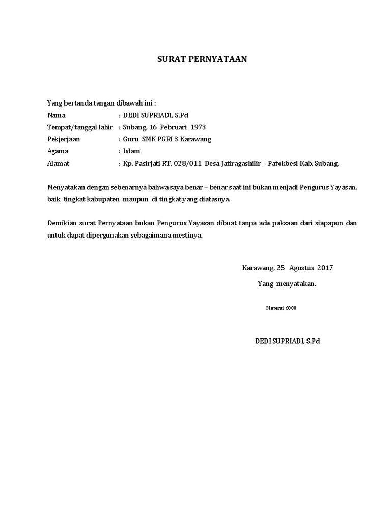 Surat Pernyataan Bukan Pengurus Yayasan