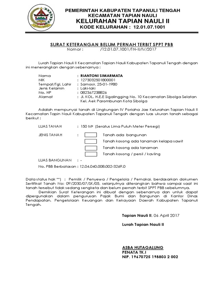Surat Keterangan Belum Pernah Terbit Sppt Pbb