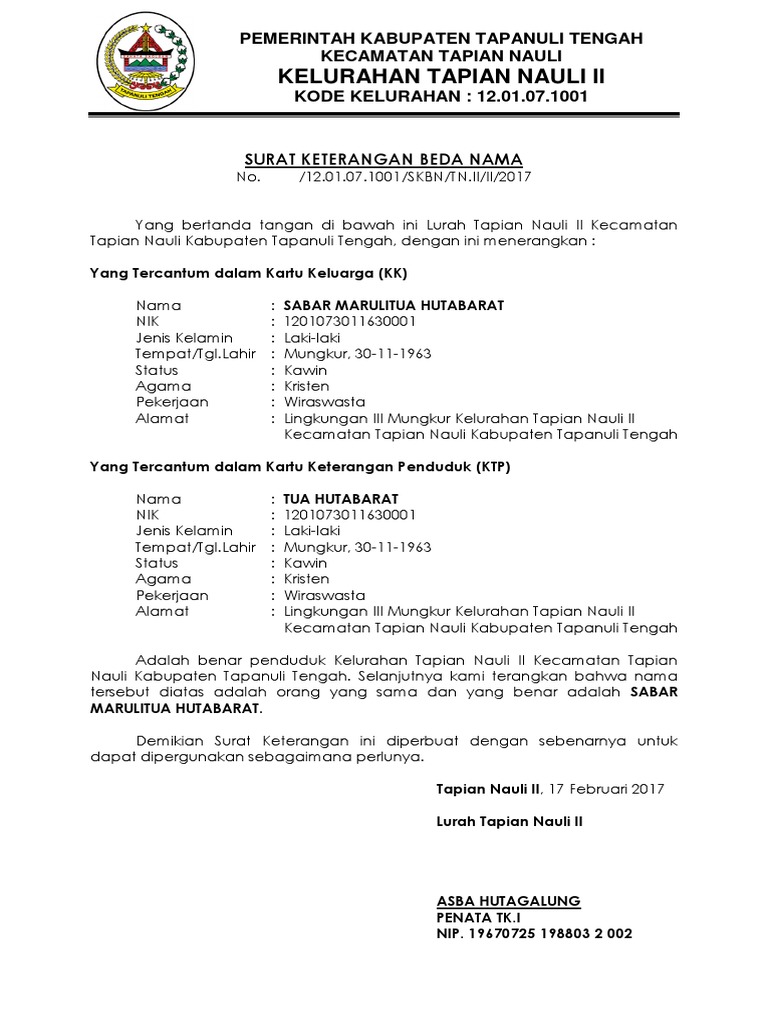 Surat Keterangan Beda Nama