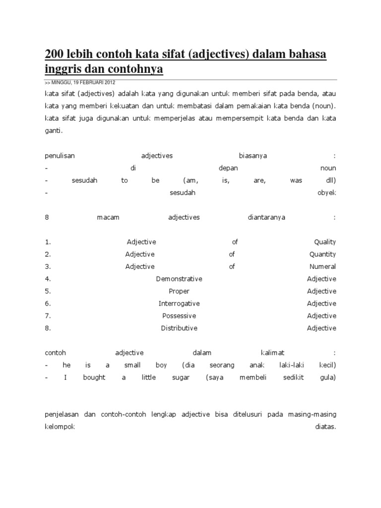 Contoh Soal Dan Materi Pelajaran 7 Contoh Kata Sifat