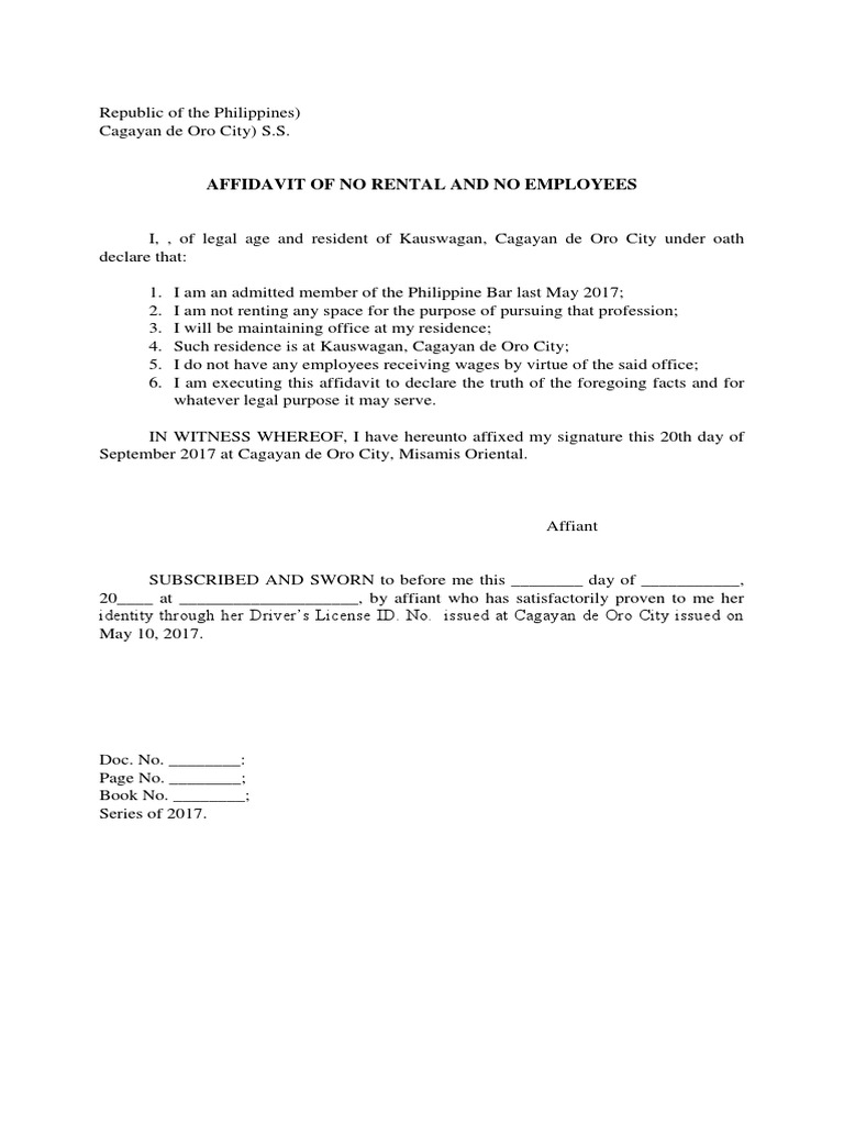 Affidavit of No Rental and No Employees | PDF