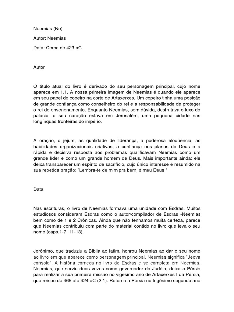 16 Esboço Do Livro de Neemias PDF Livro de Zacarias Bíblia