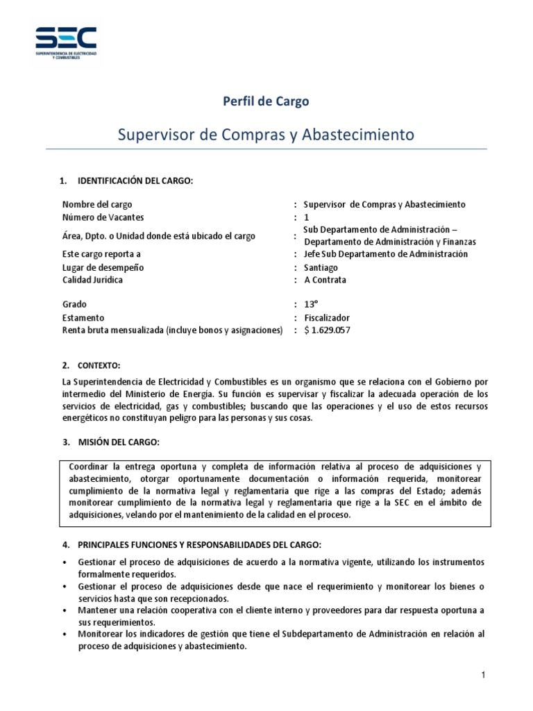 Perfil Supervisor de Compras y Abastecimiento | PDF | Calidad ...