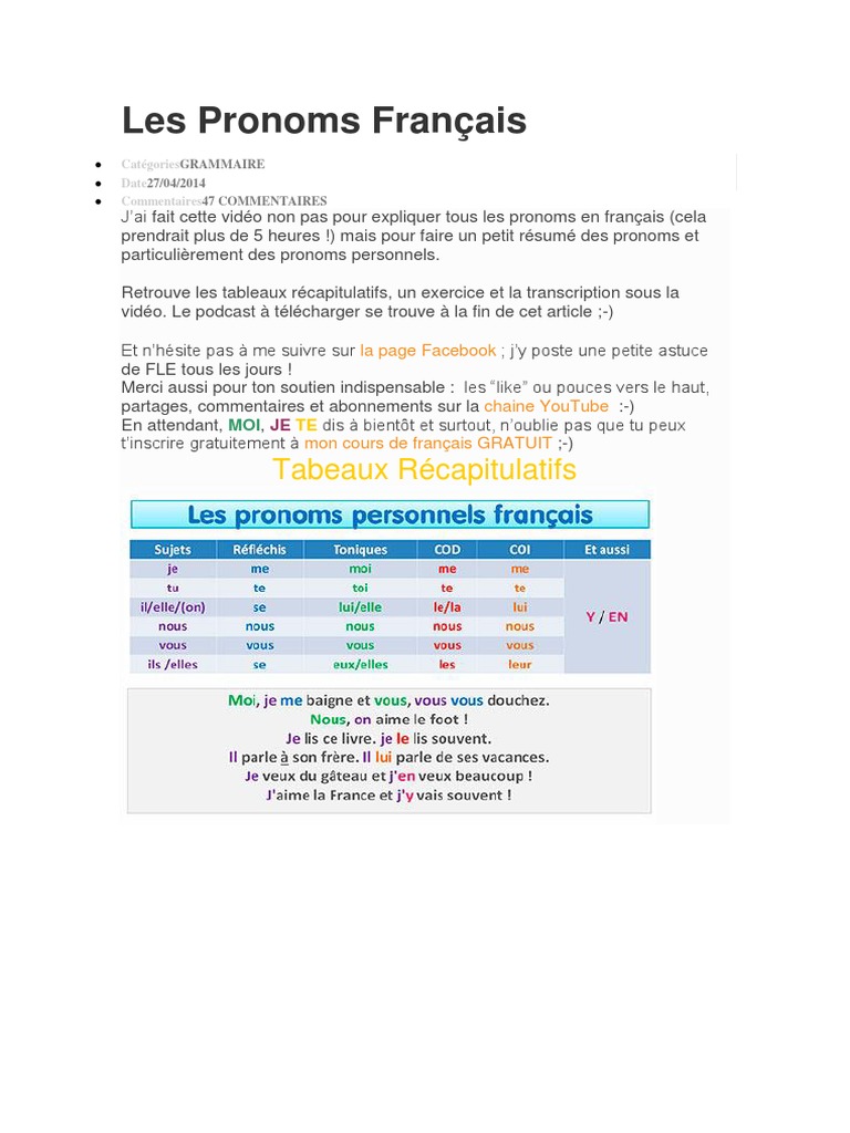 Les Pronoms Français | Pronom | Nombre grammatical