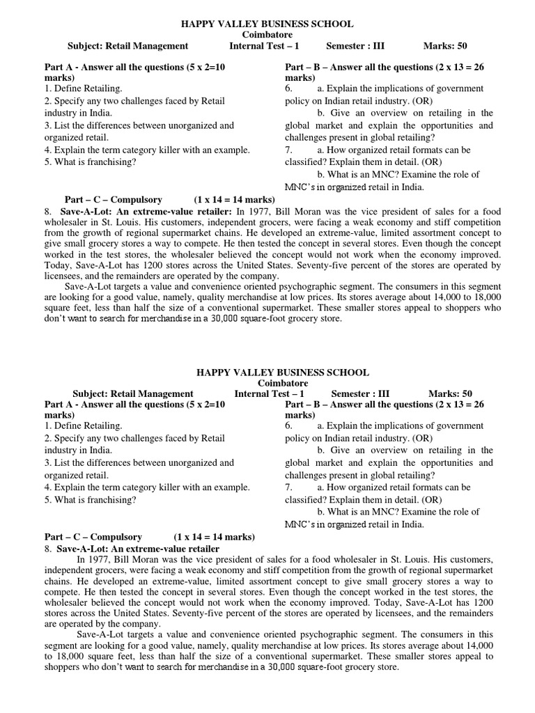 Retail Management Test Questions | PDF | Supermarket | Retail