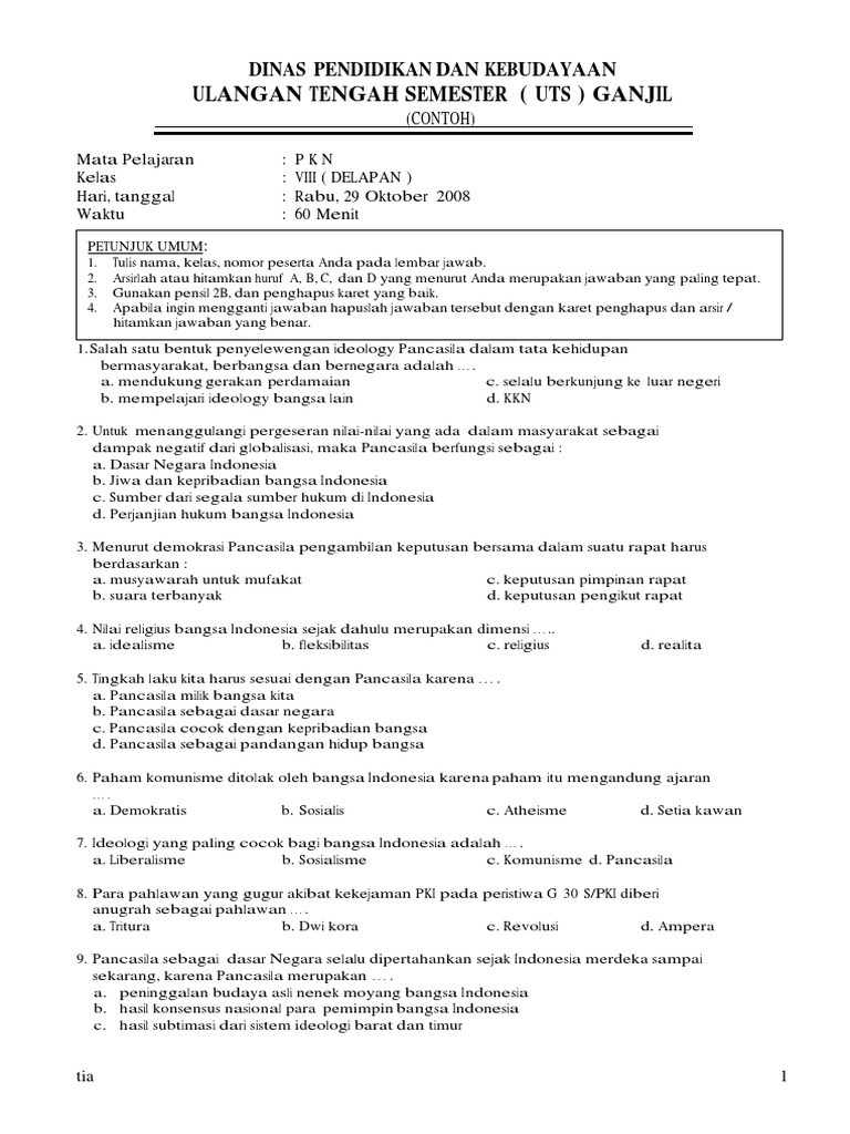 Contoh Uts Ganjil Pkn Kelas 8