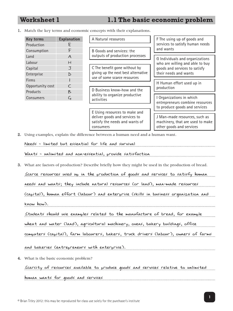 Worksheet Answers 1 Factors Of Production Economics
