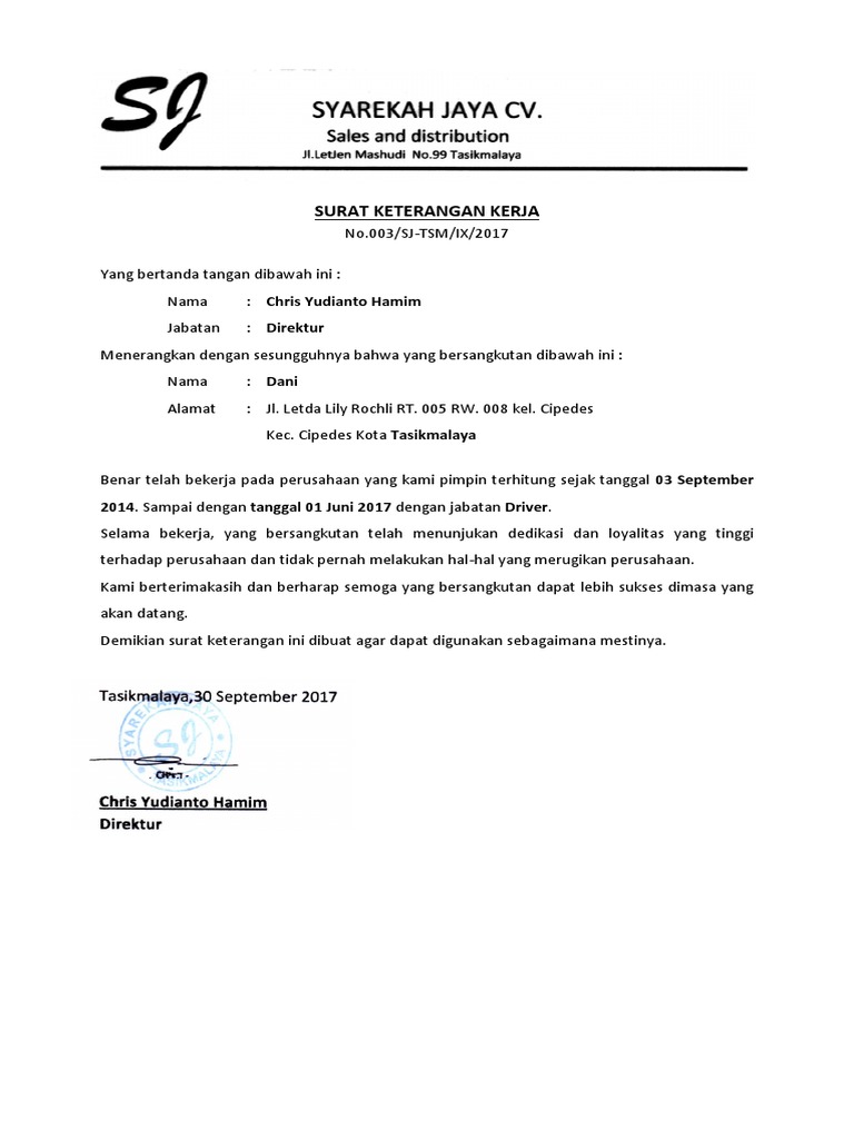 Surat Keterangan Kerja