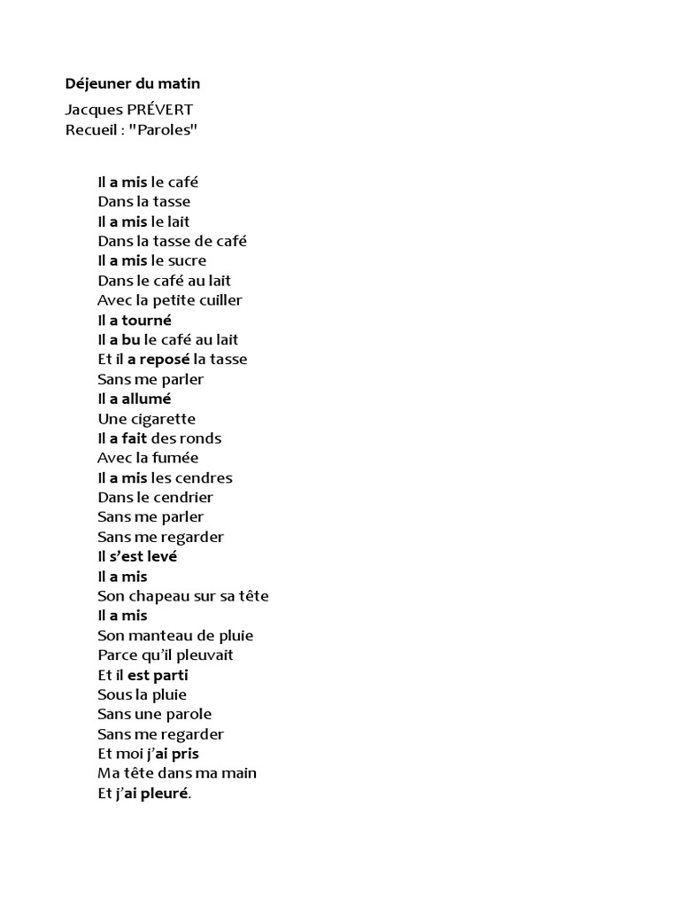 Dejeuner Du Matin Prevert Texte Déjeuner Du Matin - Jacques Prévert - Correction | PDF
