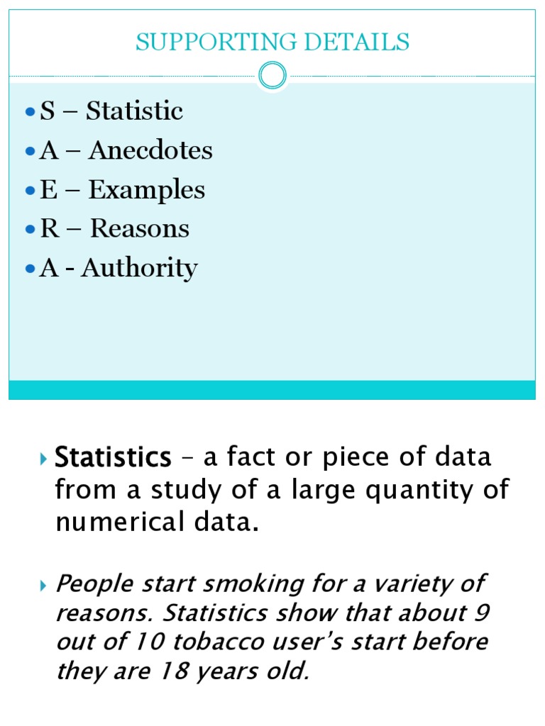 S - Statistic A - Anecdotes E - Examples R - Reasons A - Authority ...