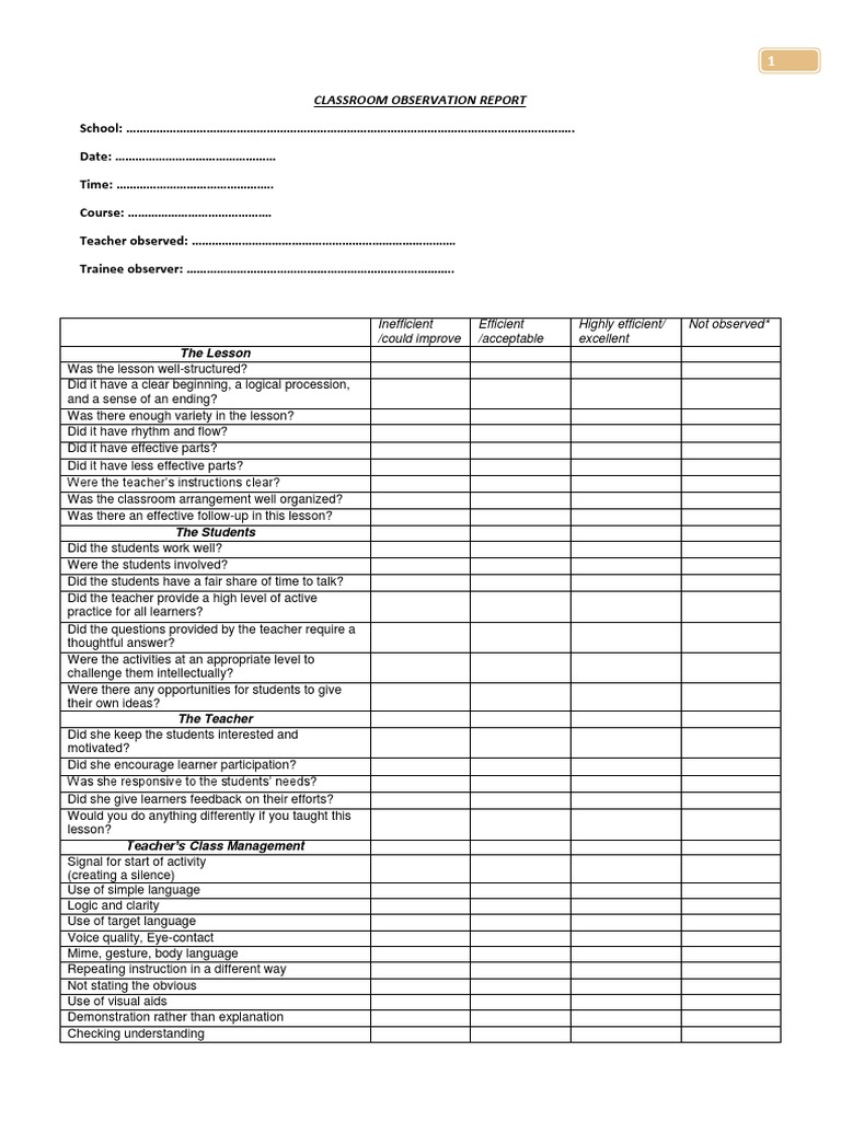 Classroom Observation Report Template | PDF | Classroom | Teachers