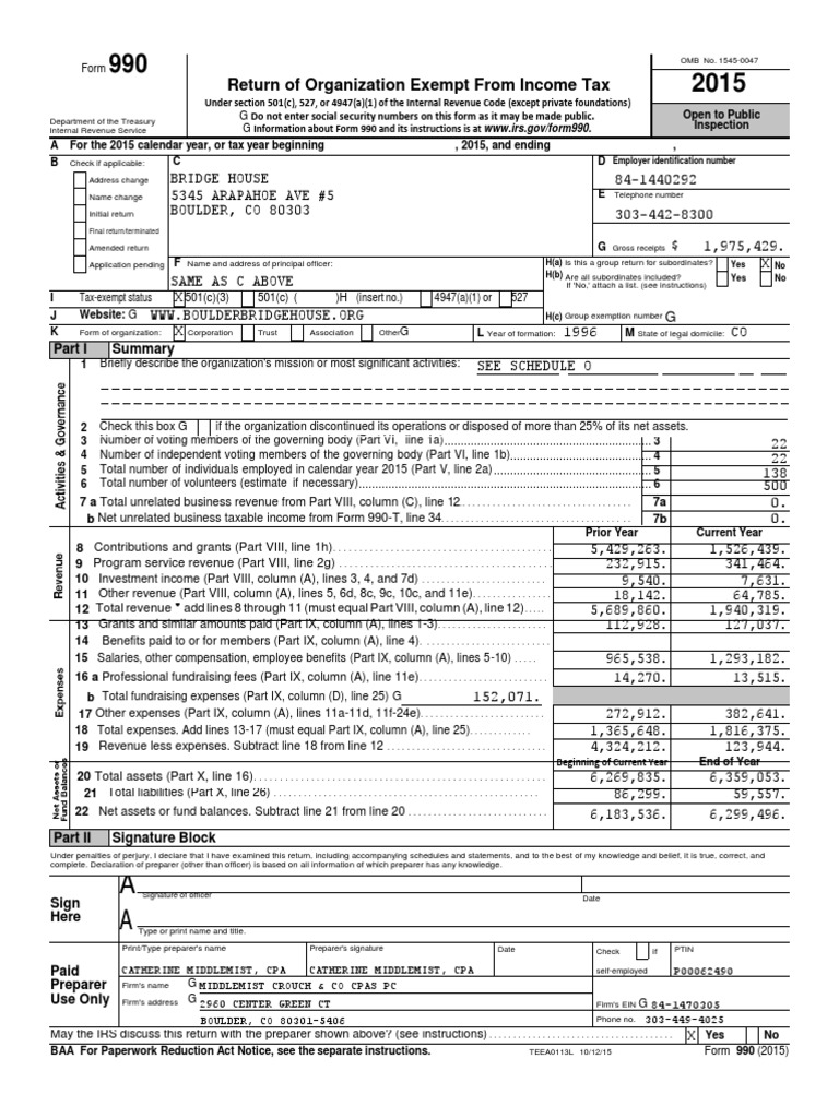 Bridge House Form 990 2015 | PDF | Irs Tax Forms | 501(C) Organization