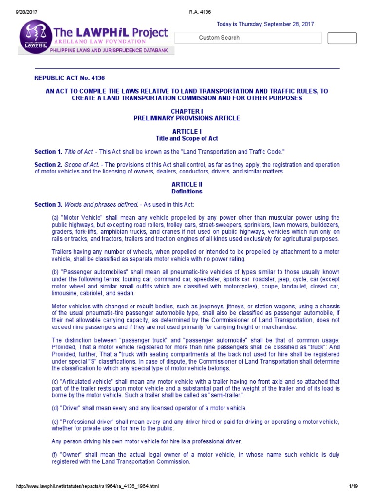 R.A. 4136 Land Transportation & Traffic Code PDF Vehicle