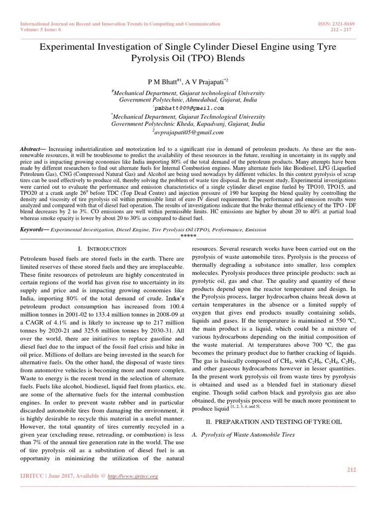 Diesel Engine Performance with Tire Oil | PDF | Pyrolysis | Diesel Fuel