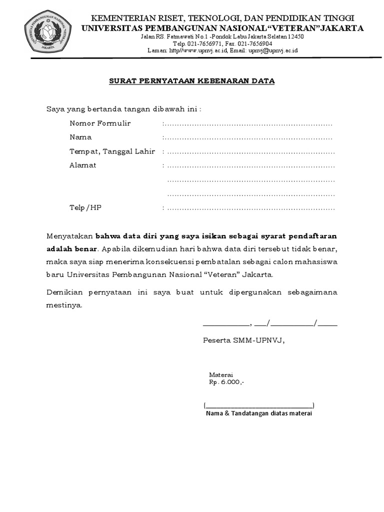 Surat Pernyataan Kebenaran Data