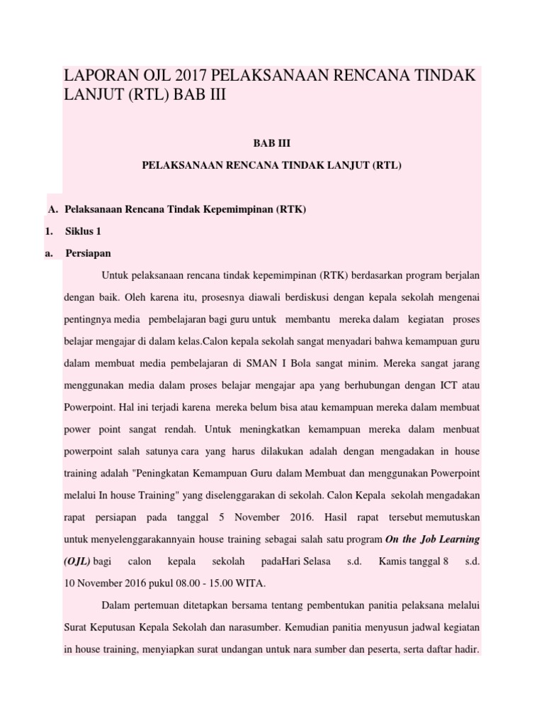 Contoh Laporan Rencana Tindak Lanjut Diklat Calon Kepala